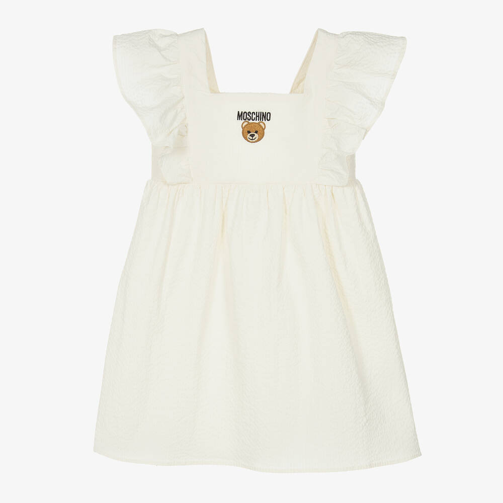 Moschino Kid-teen Babies' Girls Ivory Cotton Seersucker Logo Dress