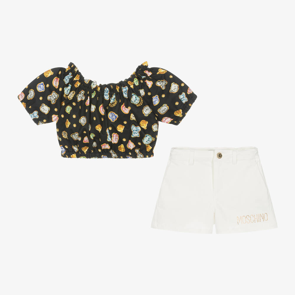 Moschino Kid-Teen - Girls Ivory Cotton Teddy Bear Shorts Set | Childrensalon