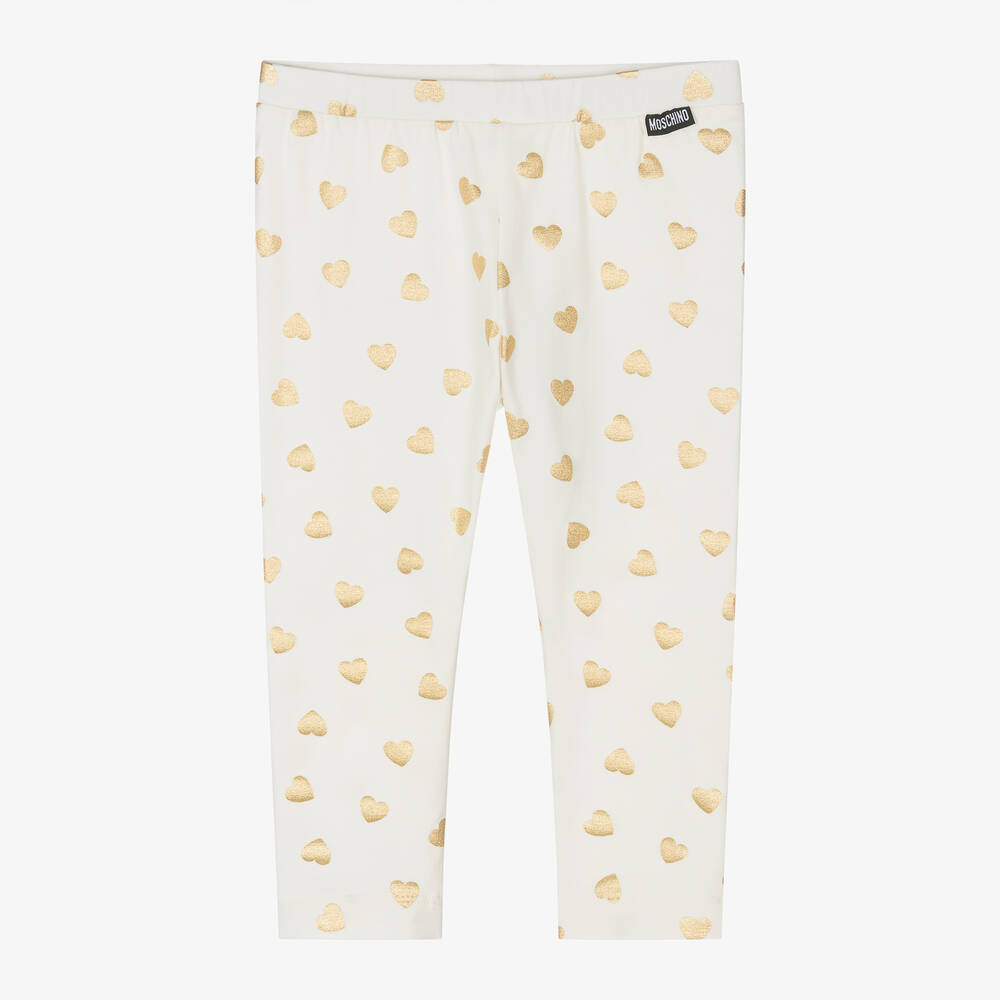 Moschino Baby - Girls Ivory & Gold Heart Cotton Leggings | Childrensalon