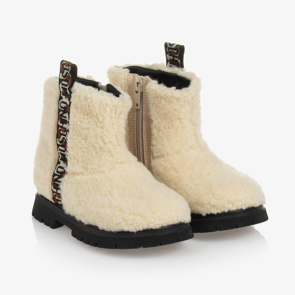 Moschino Babies' Girls Ivory Sherpa Fleece Boots In Beige