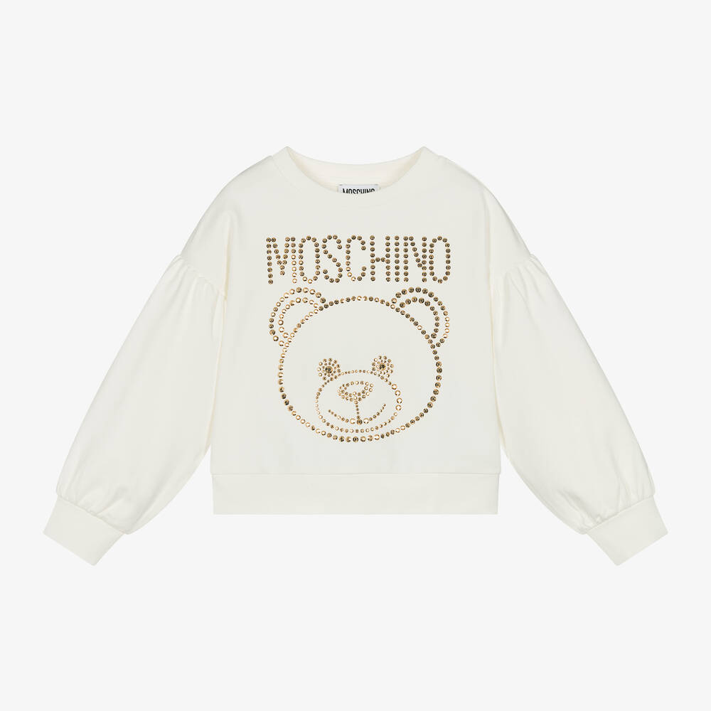 Moschino Kid-Teen - Girls Ivory Studded Teddy Bear Sweatshirt | Childrensalon