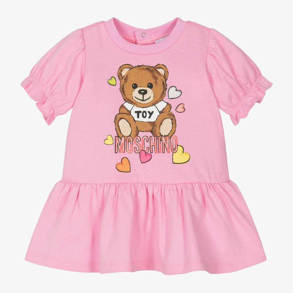 Moschino Baby - فستان بطبعة تيدي بير وقلوب قطن جيرسي لون زهري | Childrensalon