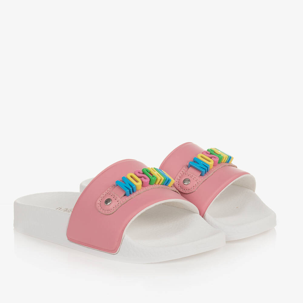 Moschino Kid-Teen - Girls Pink & White Sliders | Childrensalon