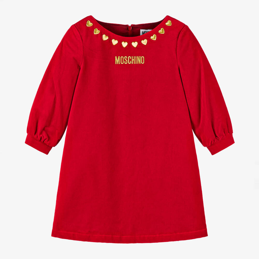 Moschino Kid-Teen - Красное бархатное платье с сердечками для девочек | Childrensalon