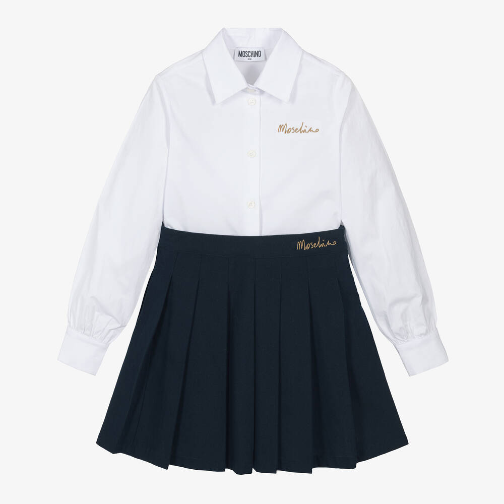 Moschino Kid-Teen - Girls White & Blue Cotton Skirt Set | Childrensalon