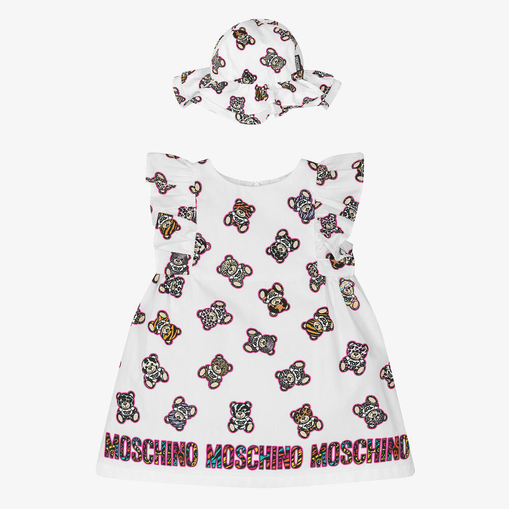 Moschino Baby - Girls White Cotton Animal Print Teddy Dress | Childrensalon