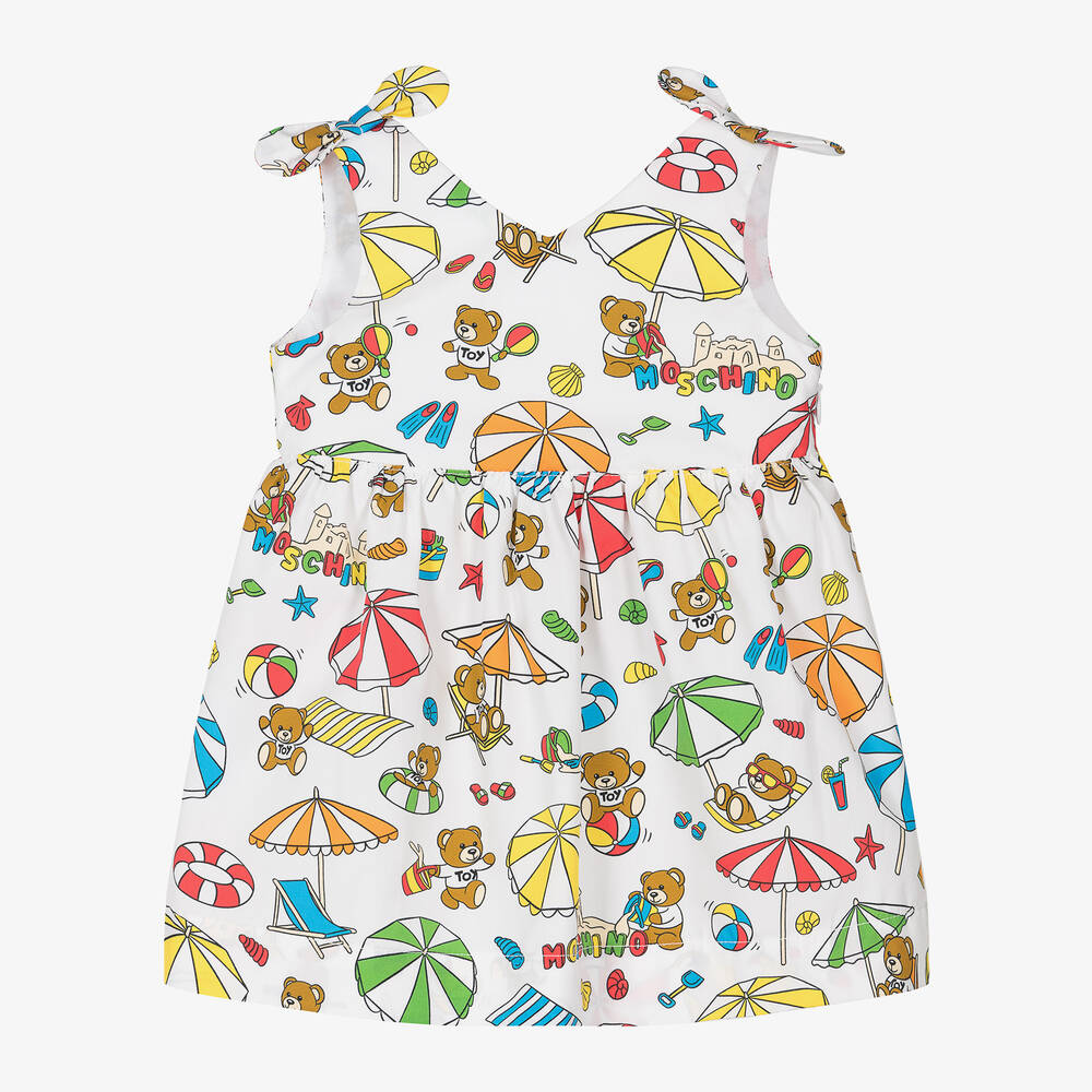 Moschino Baby - Girls White Cotton Beach Teddy Dress | Childrensalon