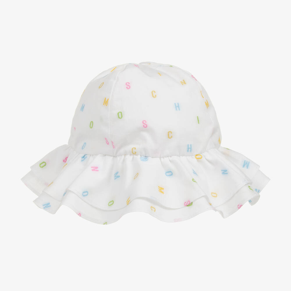 Moschino Baby - Girls White Cotton Letter Sun Hat | Childrensalon