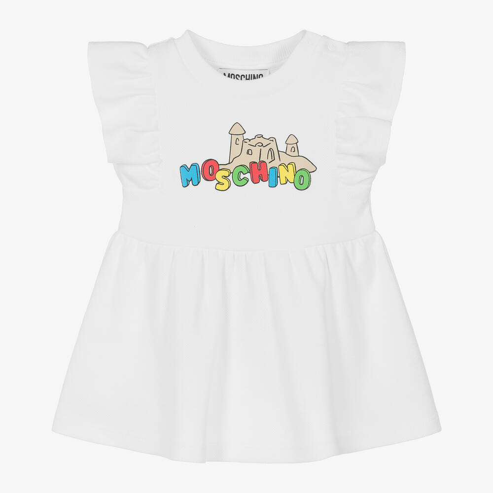 Moschino Baby - Girls White Cotton Sandcastle Print Dress | Childrensalon