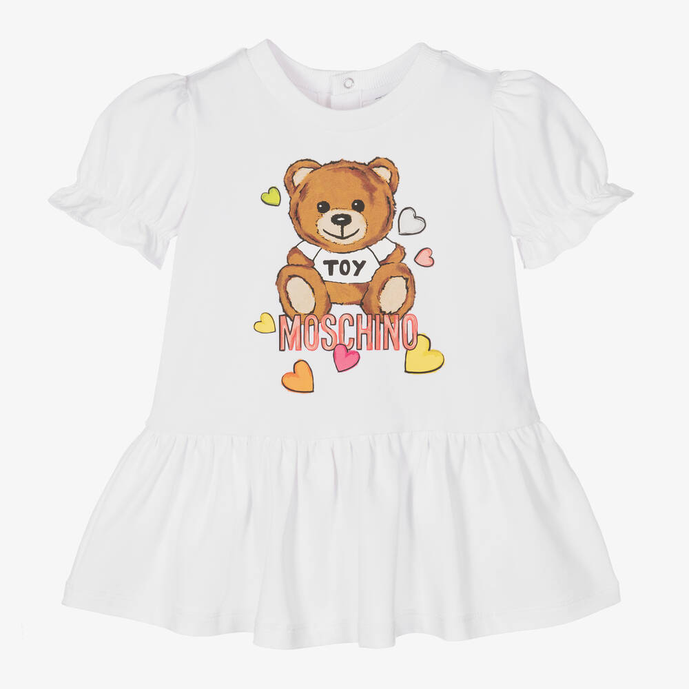 Moschino Baby - فستان بطبعة تيدي بير وقلوب قطن جيرسي لون أبيض | Childrensalon