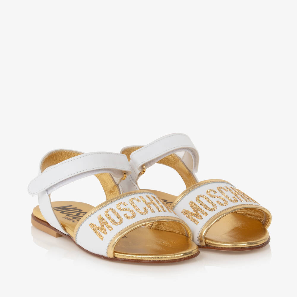 Moschino Kid-Teen - Girls White & Gold Leather Sandals | Childrensalon