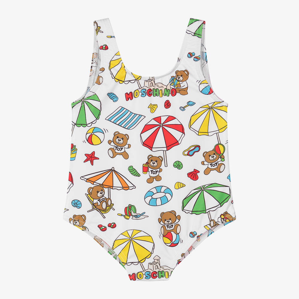 Moschino Baby - Girls White Holiday Teddy Bear Swimsuit | Childrensalon