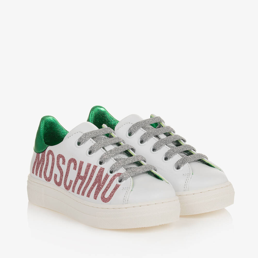 Moschino Kid-Teen - حذاء رياضي بأربطة جلد لون أبيض للبنات | Childrensalon