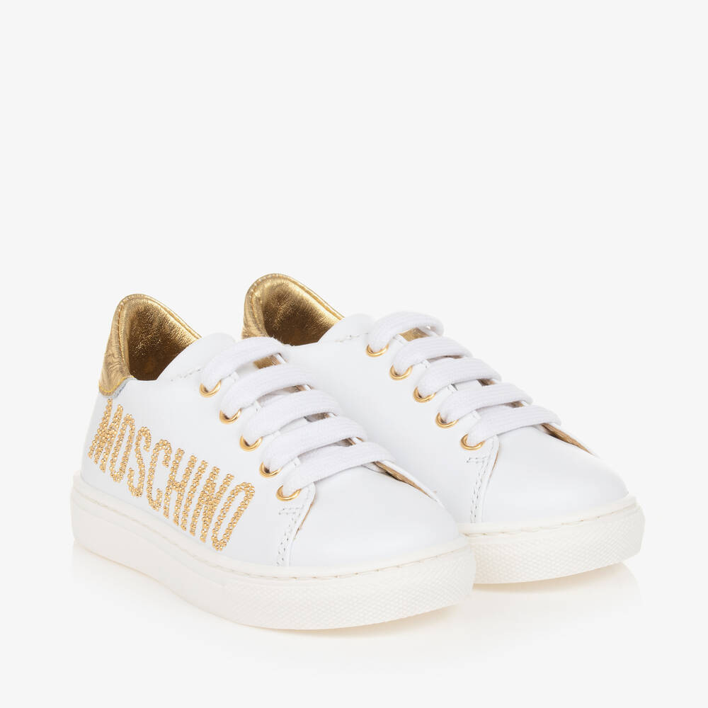 Moschino - Girls White Leather Lace-Up Trainers | Childrensalon