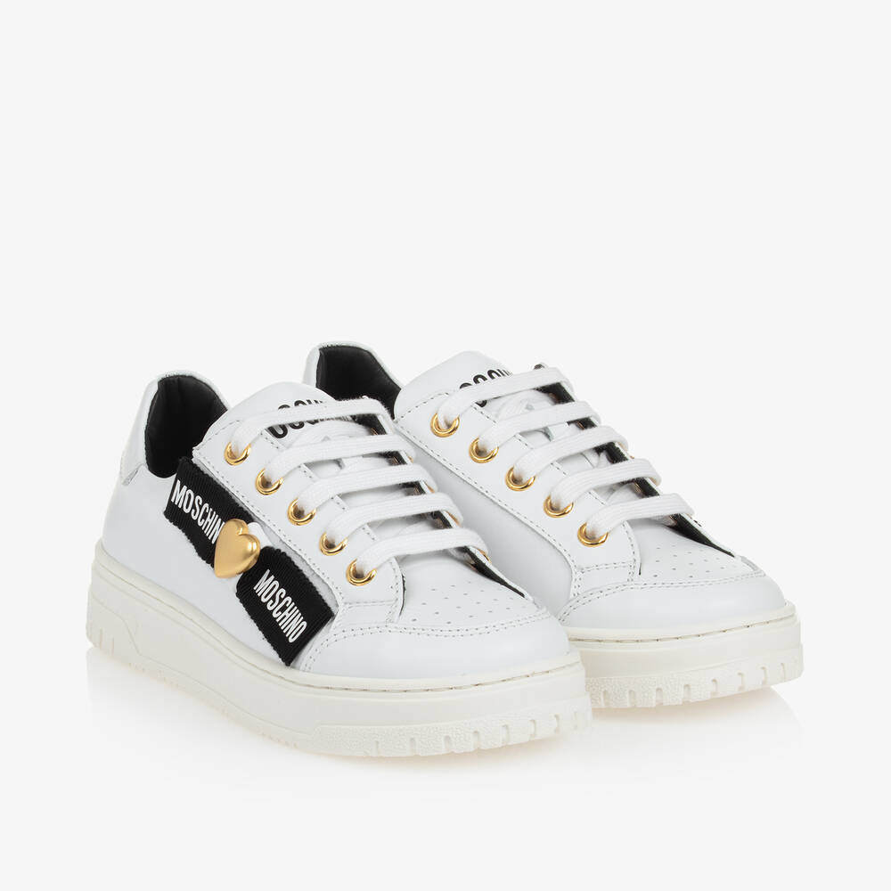 Moschino - Girls White Leather Lace-Up Trainers | Childrensalon