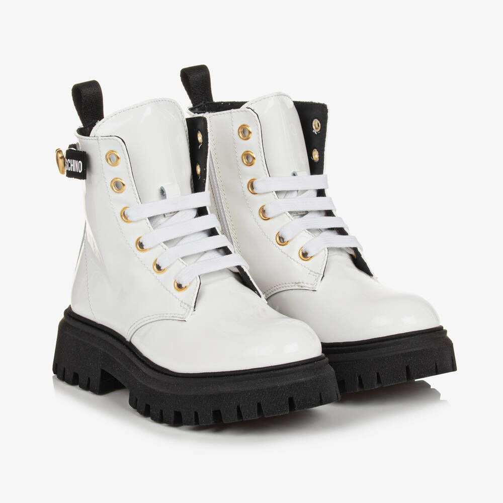 Moschino - Girls White Patent Leather Boots | Childrensalon