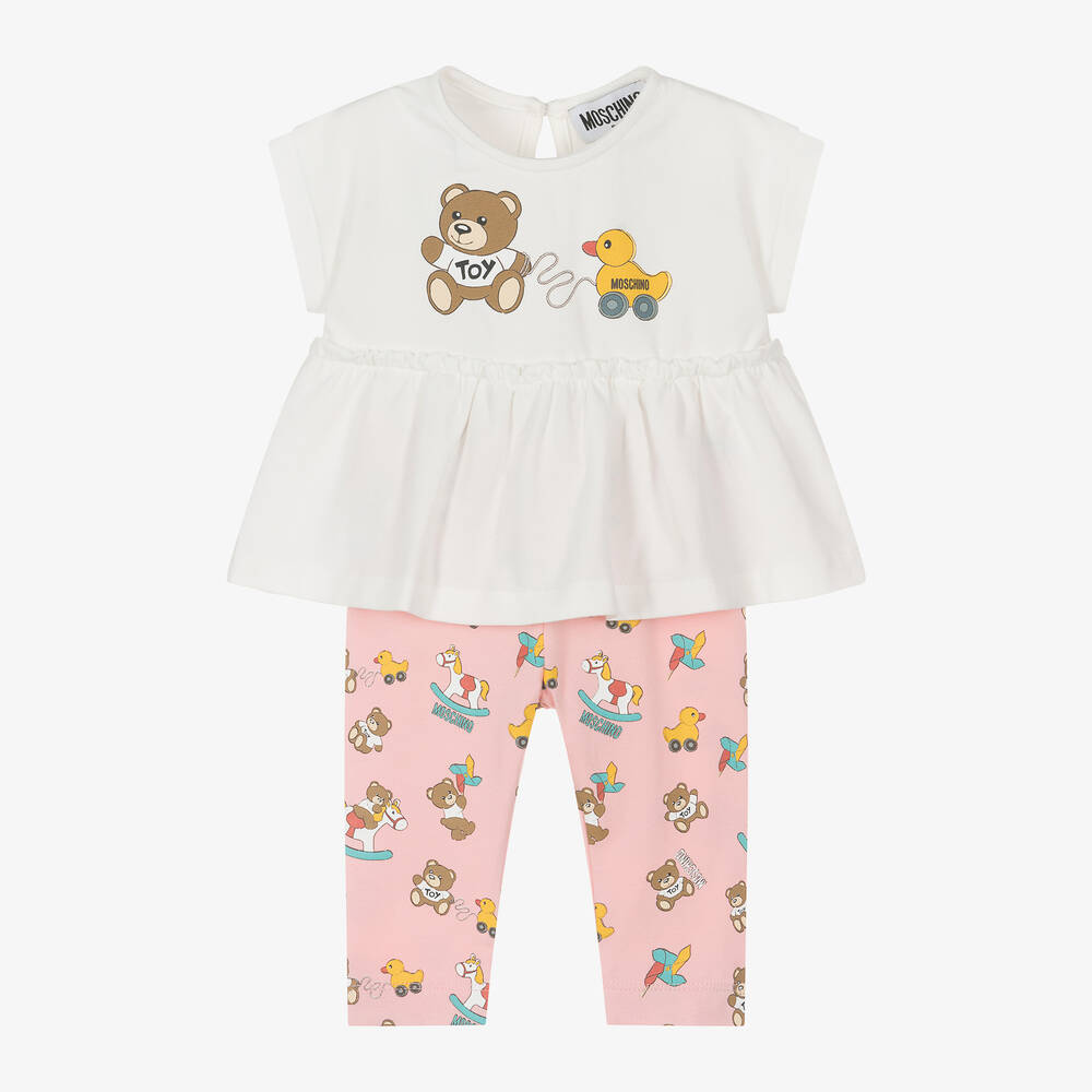 Moschino Baby - Girls White & Pink Cotton Leggings Set | Childrensalon