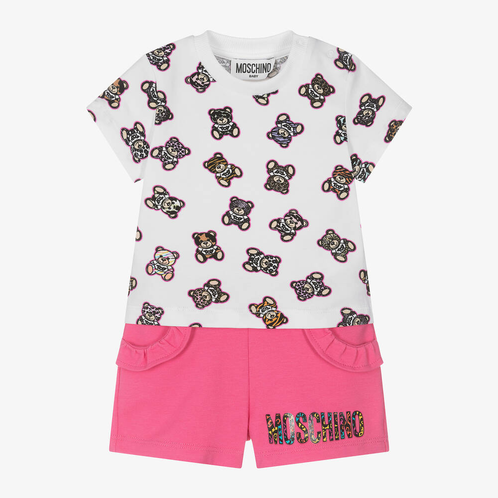 Moschino Baby - Girls White & Pink Cotton Shorts Set | Childrensalon
