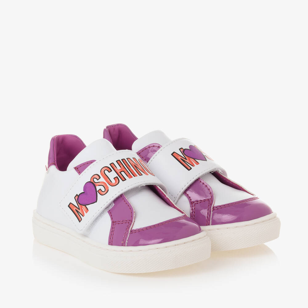 Moschino Kid-Teen - Бело-фиолетовые кожаные кроссовки для девочек | Childrensalon