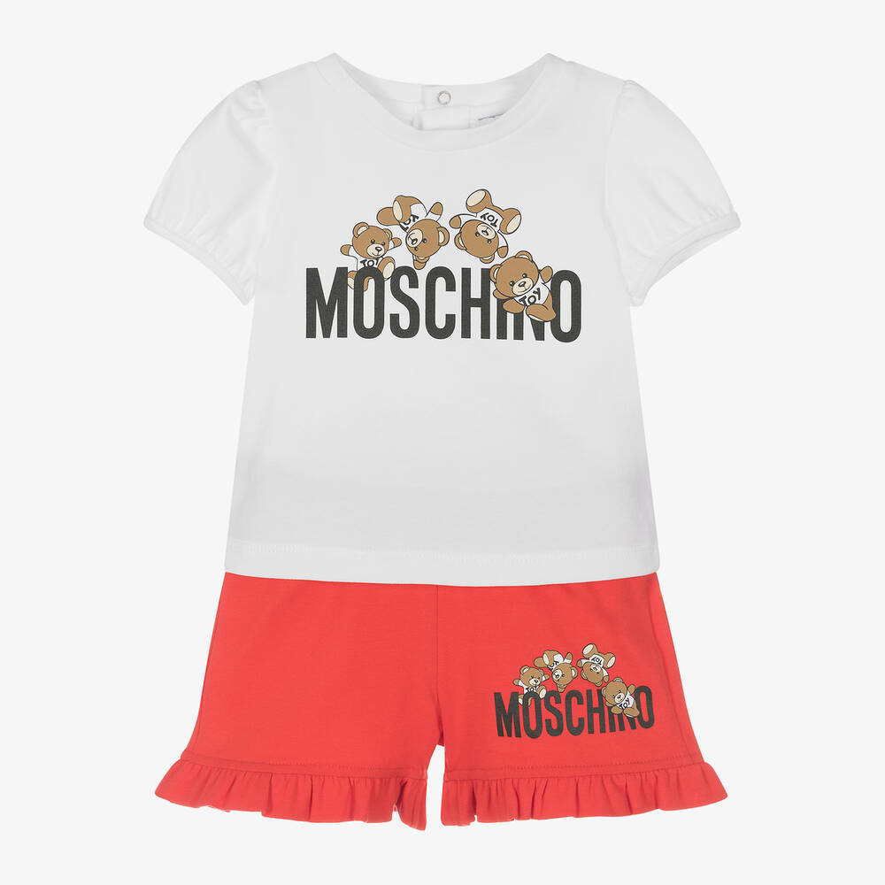 Moschino Baby - طقم شورت بطبعة تيدي بير قطن جيرسي لون أبيض وأحمر | Childrensalon