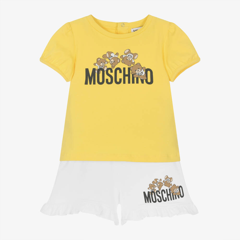 Moschino Baby Babies' Girls Yellow & White Cotton Bear Shorts Set
