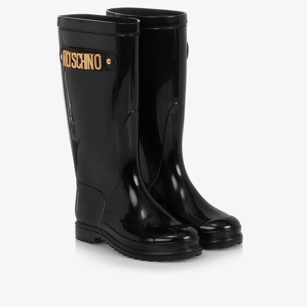 Moschino - Glossy Black Rain Boots | Childrensalon