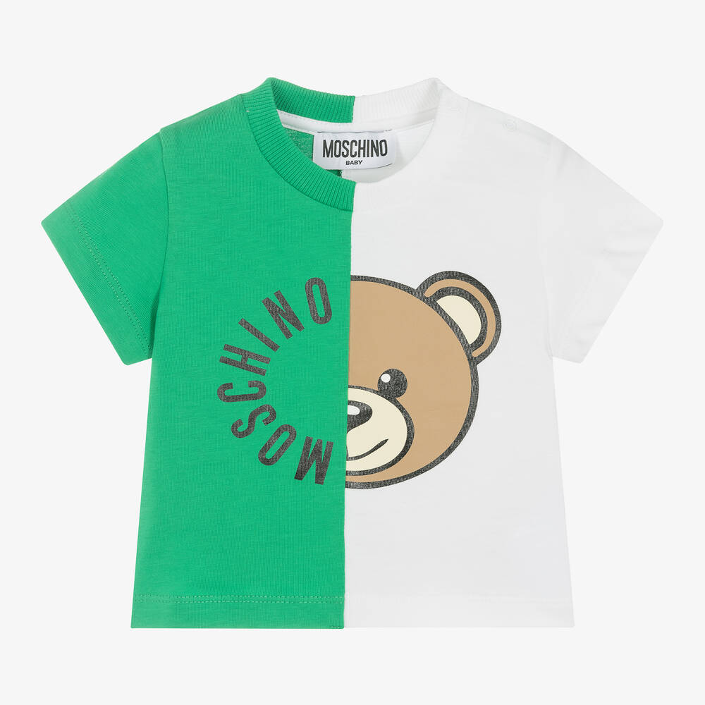 Moschino Baby - Green & White Cotton Teddy Bear Baby T-Shirt | Childrensalon