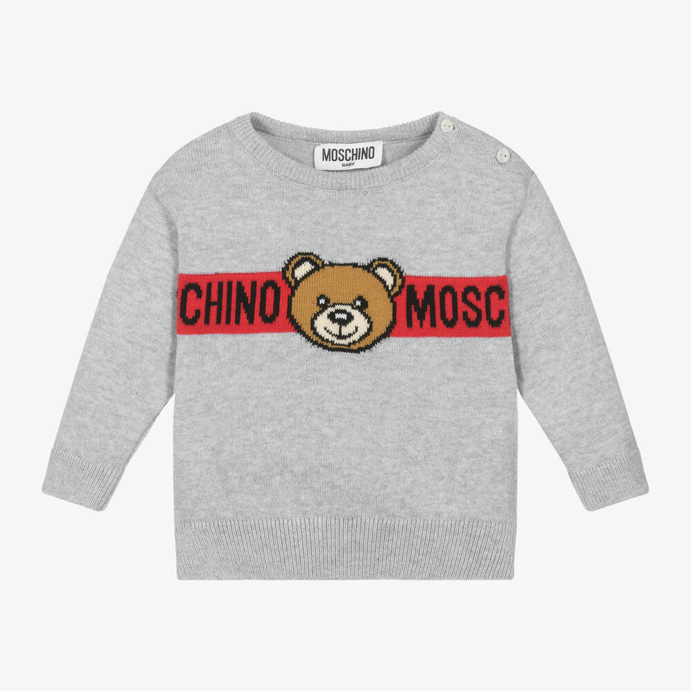 Moschino Baby - Grey Cotton Teddy Bear Logo Sweater | Childrensalon