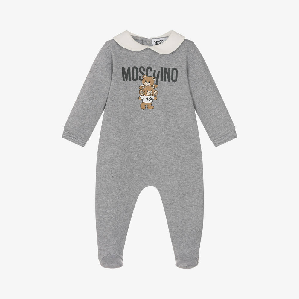 Moschino Baby - Grey Cotton Teddy Logo Babygrow | Childrensalon