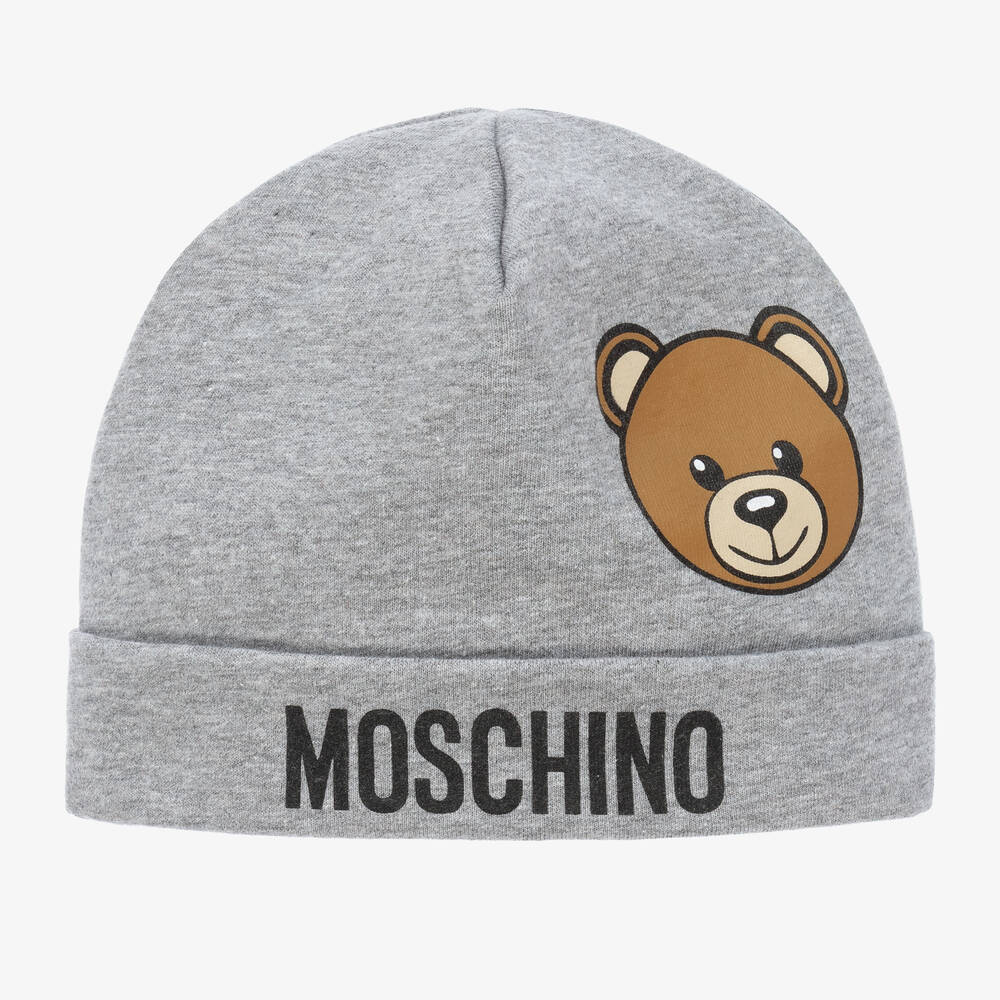 Moschino Baby - Серая шапочка из меланжевой ткани с медвежонком | Childrensalon