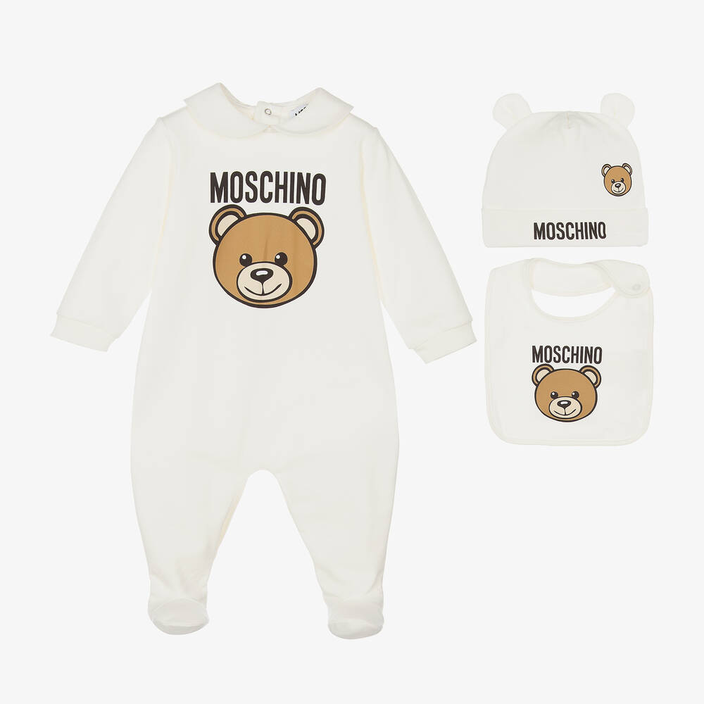 Moschino Baby - Ivory Cotton Teddy Bear Babygrow Set | Childrensalon