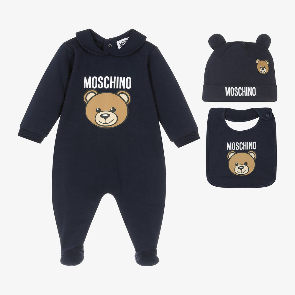 Moschino Baby - Navy Blue Cotton Teddy Bear Babygrow Set | Childrensalon