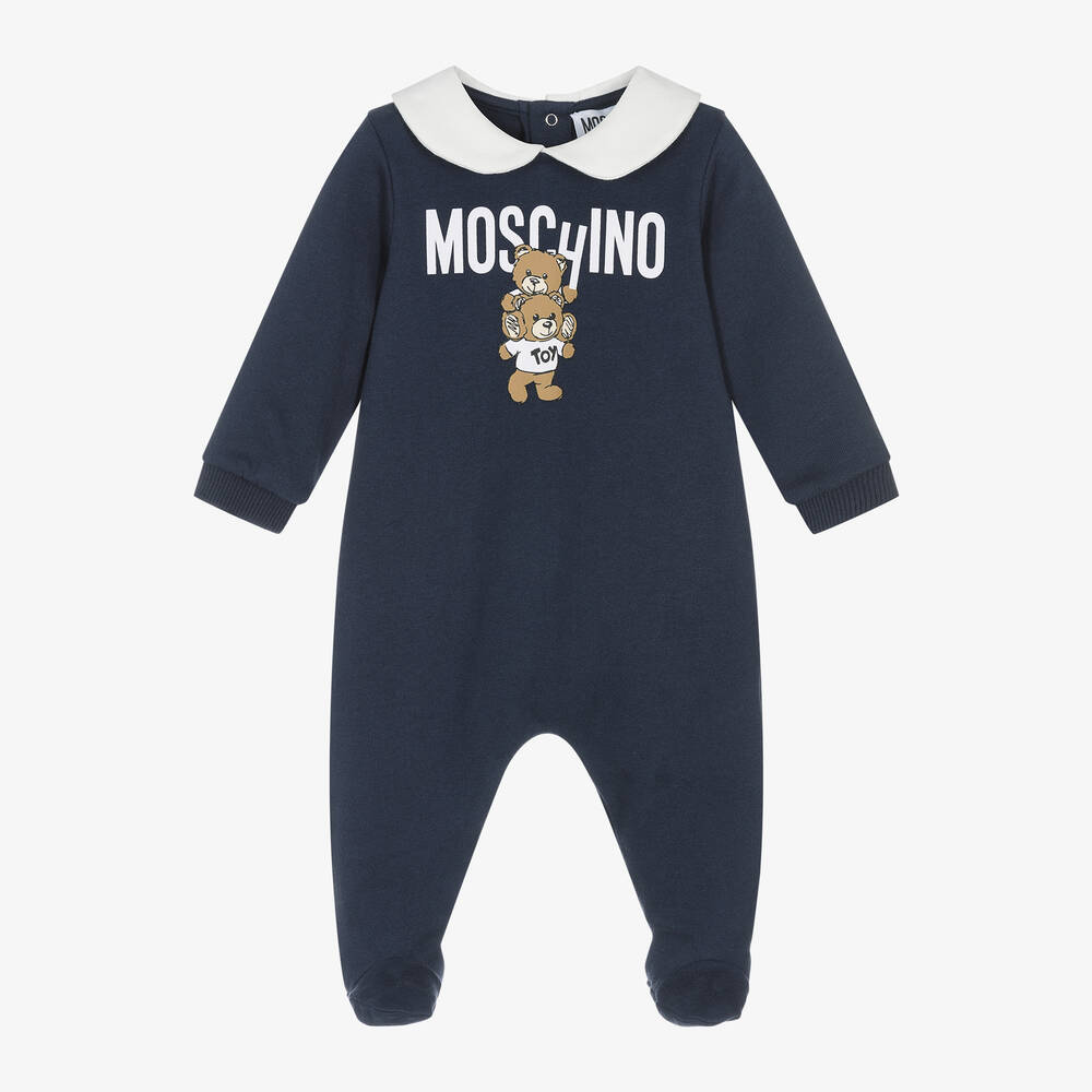 Moschino Baby - Navy Blue Cotton Teddy Logo Babygrow | Childrensalon