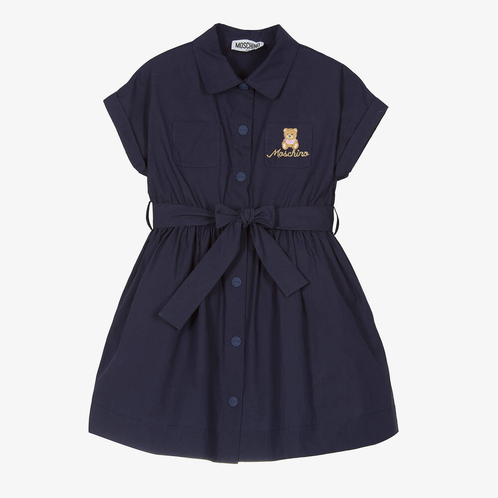 Moschino Kid-teen Babies' Girls Navy Blue Cotton Teddy Logo Shirt Dress