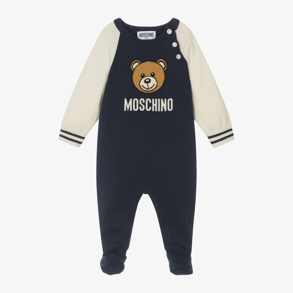 Moschino Baby - Navy Blue Cotton & Wool Knit Babygrow | Childrensalon