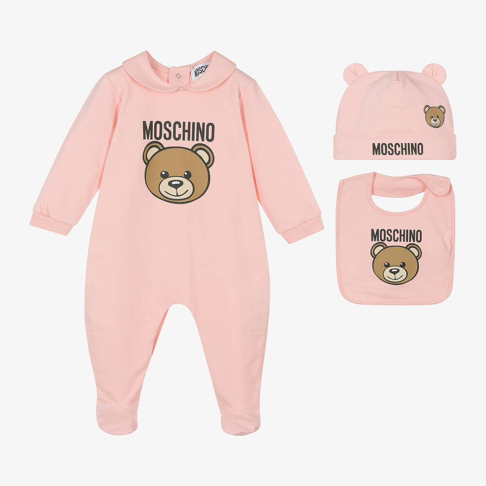 Moschino Baby - Pink Cotton Teddy Bear Babygrow Set | Childrensalon
