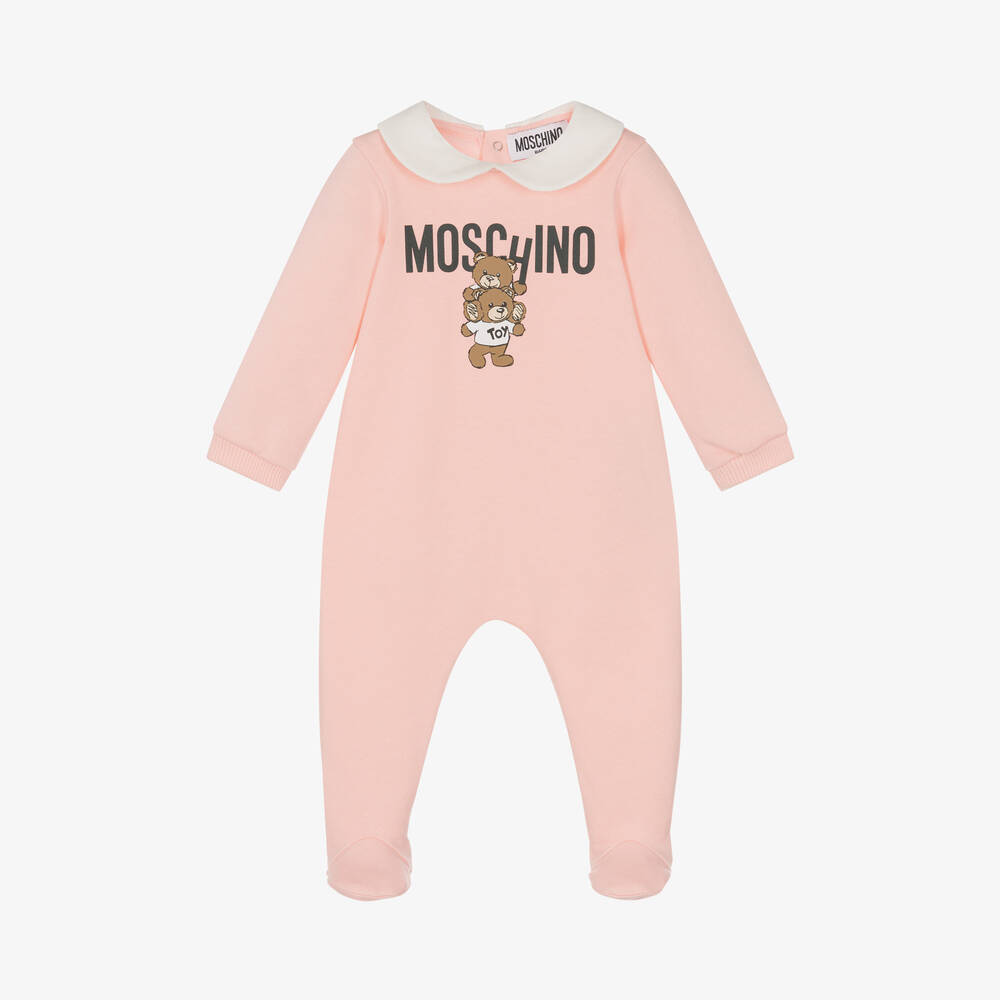 Moschino Baby - Pink Cotton Teddy Logo Babygrow | Childrensalon