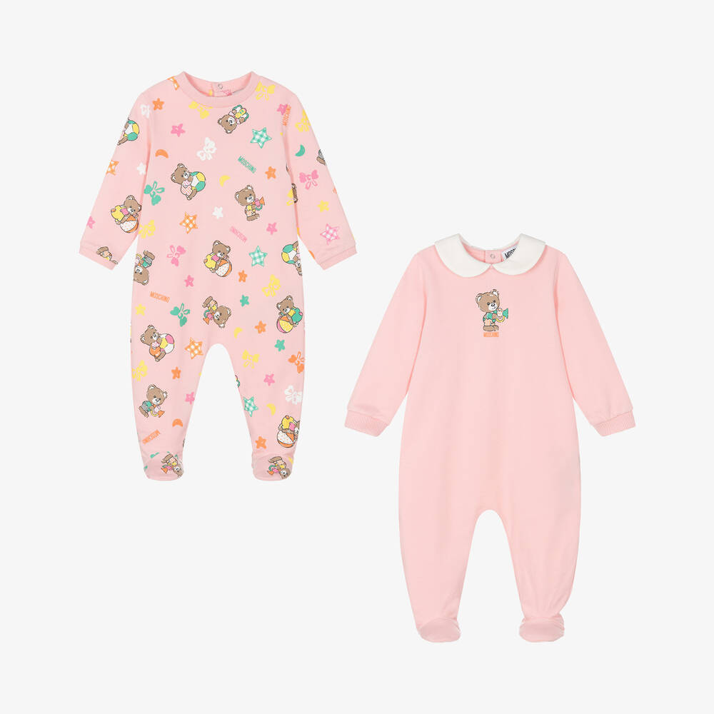 Moschino Baby - Pink Teddy Bear Cotton Babygrows (2 Pack) | Childrensalon