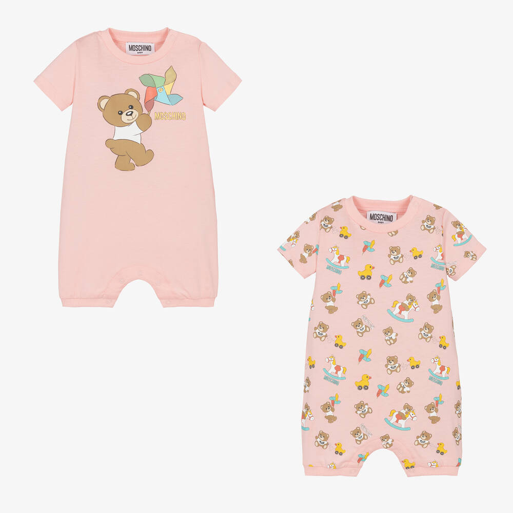 Moschino Baby - Pink Teddy Bear Print Cotton Babysuit Set | Childrensalon