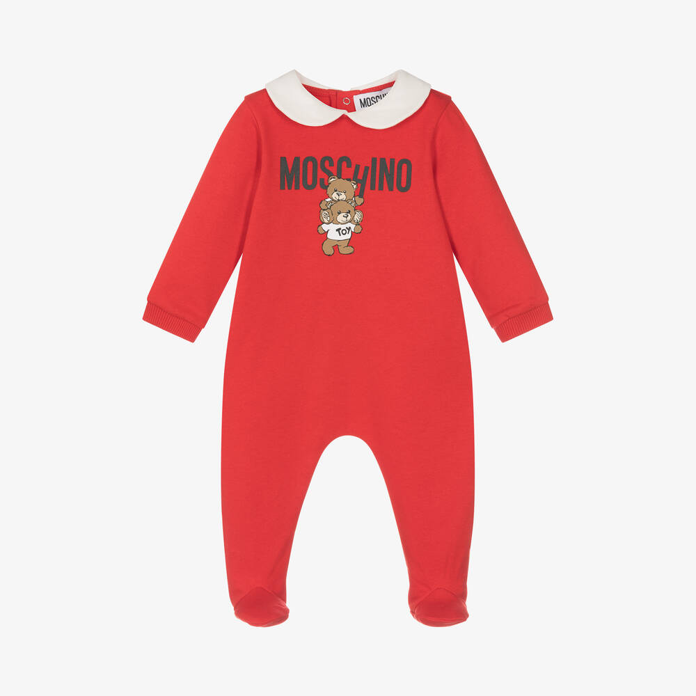 Moschino Baby - Red Cotton Teddy Logo Babygrow | Childrensalon