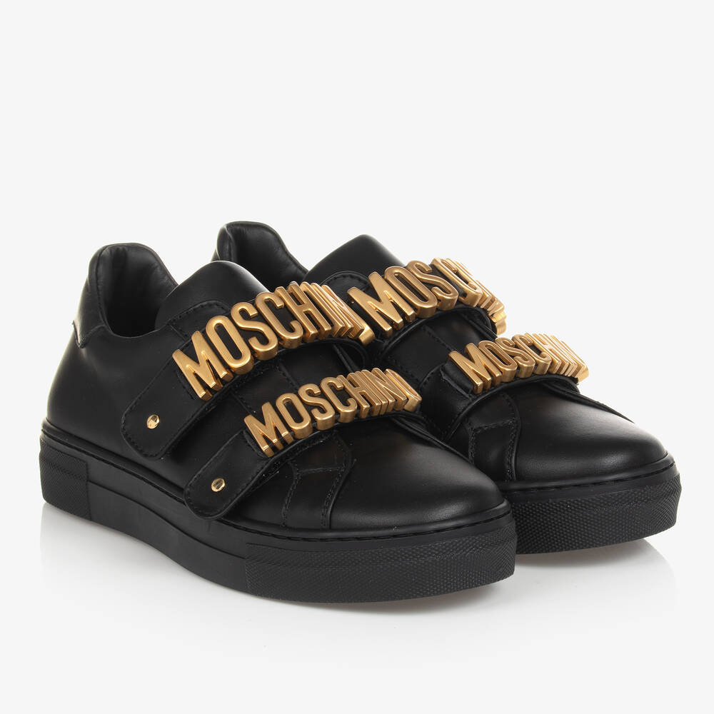 Moschino Kid-Teen - Черно-золотистые кожаные кроссовки для подростков | Childrensalon
