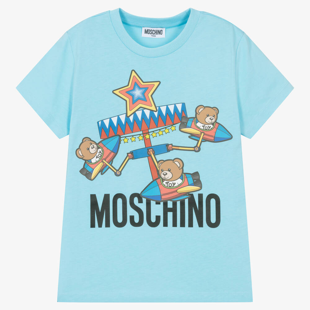 Moschino Kid-teen Teen Blue Cotton Fun Fair Teddy Logo T-shirt