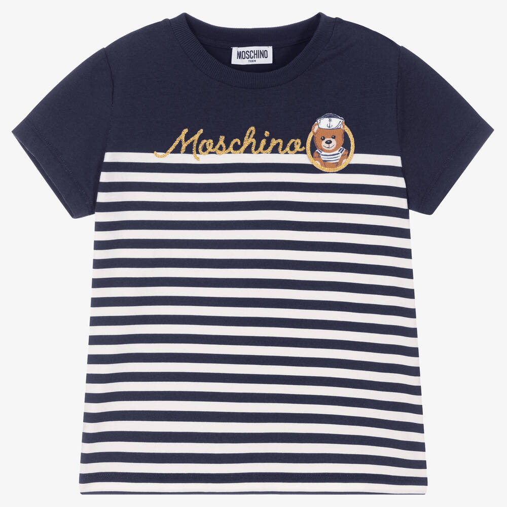 Moschino Kid-teen Teen Blue & White Striped Logo T-shirt