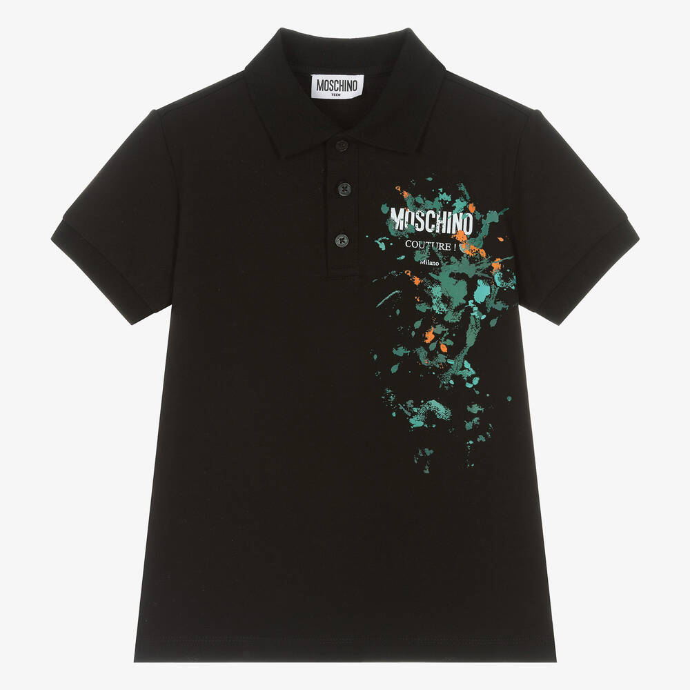 Moschino Kid-Teen - Teen Boys Black Paint Cotton Polo Shirt | Childrensalon