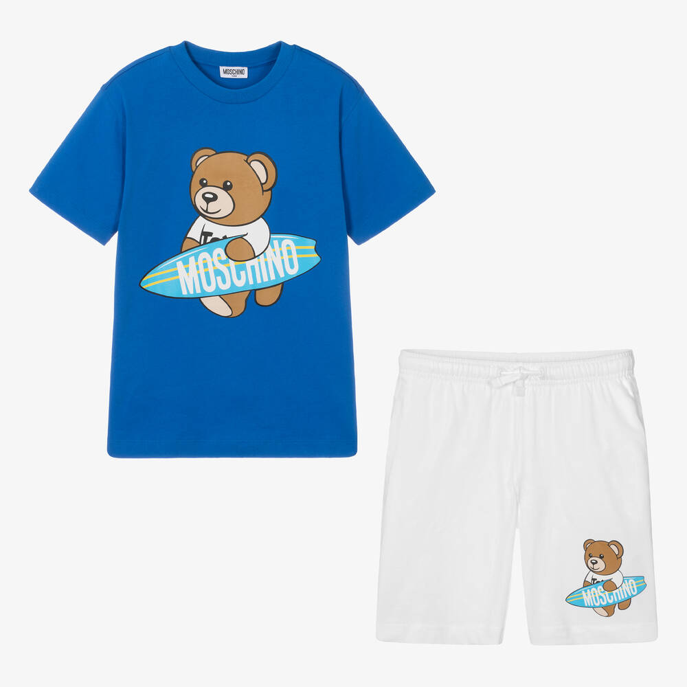 Moschino Kid-Teen - Teen Boys Blue & White Cotton Shorts Set | Childrensalon