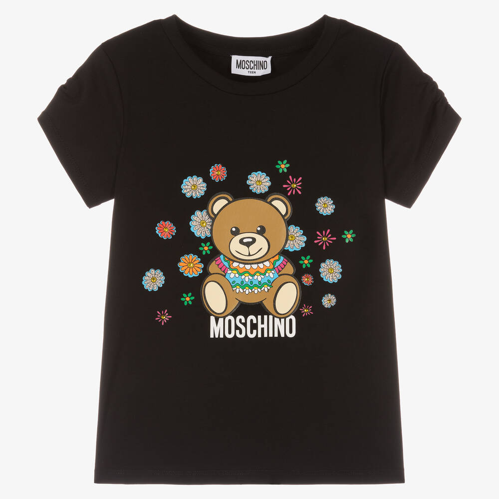 Moschino Kid-teen Teen Girls Black Cotton Floral Logo T-shirt