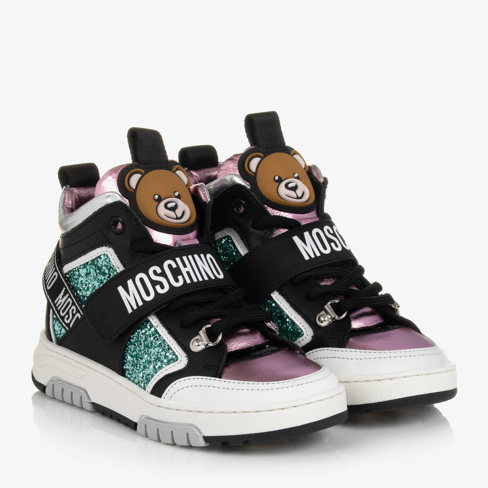 Moschino Kid-Teen - Teen Girls Black & Pink Leather Trainers | Childrensalon