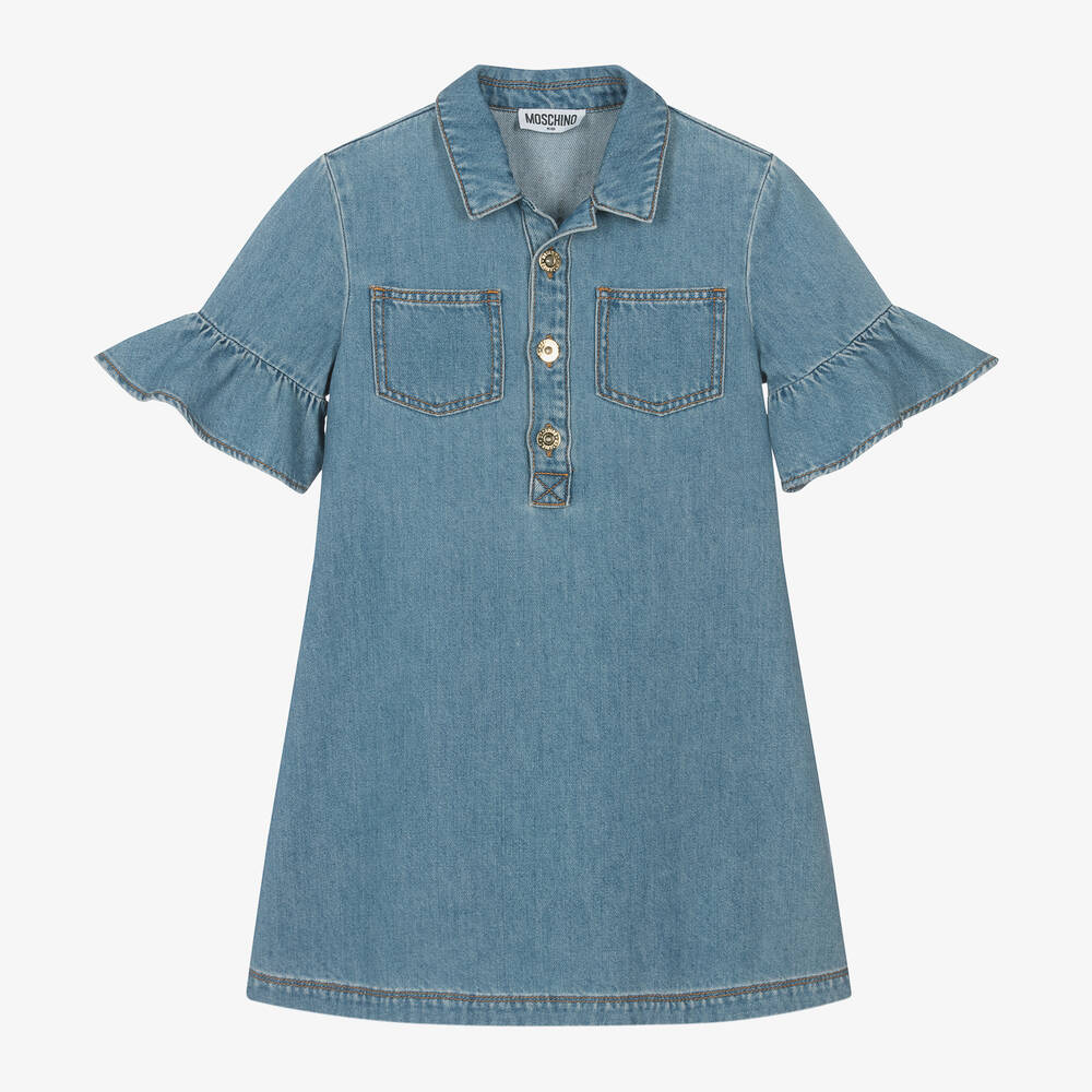 Shop Moschino Kid-teen Teen Girls Blue Denim Studded Teddy Dress