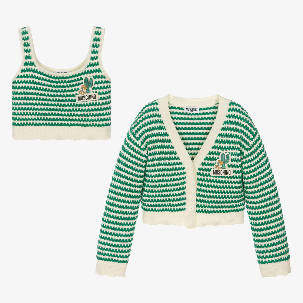 Moschino Kid-Teen - Teen Girls Green Cotton Knit Cardigan Set | Childrensalon