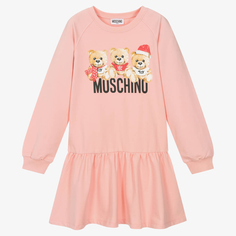 Moschino Kid-teen Teen Girls Ivory Cotton Teddy Bear Dress In Pink